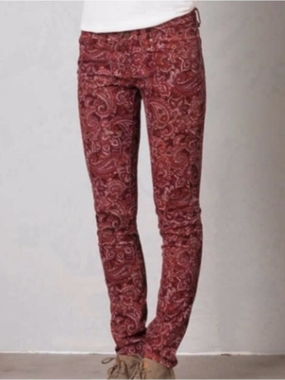 Prana Trinity Corduroy Jeans Women's Size 2 Rhubarb Paisley Print Skinny Stretch